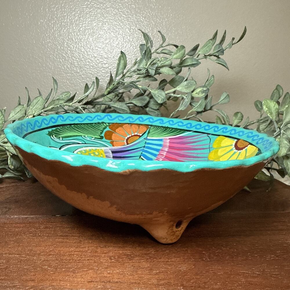 Hand Painted Mexican Folk Art Pottery Footed Bowl Bird Floral Terracotta 6.75” - Picture 5 of 12